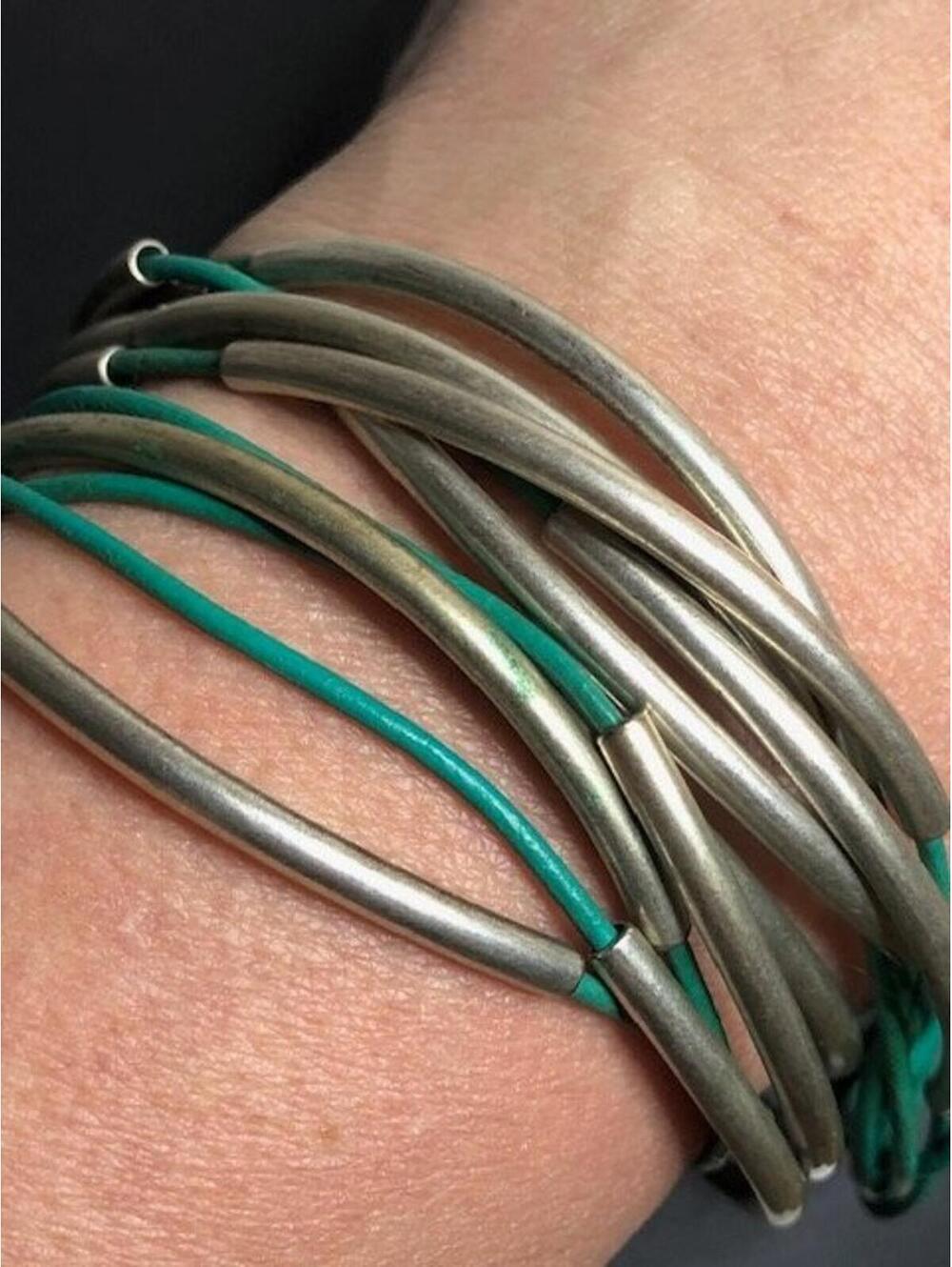 B1313 Lizzy James Multi Strand silvertone Tube Necklace wrap bracelet Teal 20"
